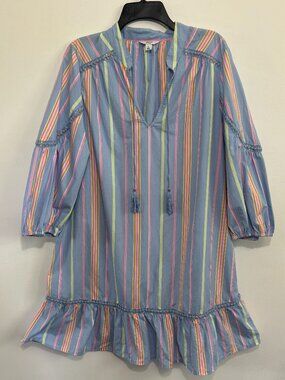 Crown & Ivy Dress Large Blue Stripe Tassel Tie Ruffle Hem Boho Shift